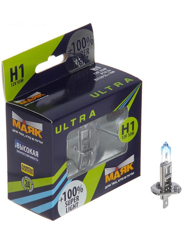 Лампа автомобильная Маяк Ультра Super Light+100%, H1, 12 В, 55 Вт, набор 2 шт