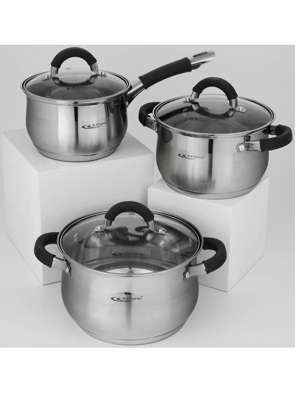 Набор посуды «Ирида», 3 предмета: кастрюли 2,9 л, 3,9 л, ковш 1,9 л, капсульное дно, крышки