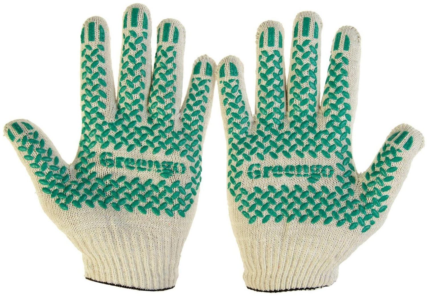 Перчатки, х/б, вязка 10 класс, 4 нити, размер 9, с ПВХ протектором, белые, Greengo