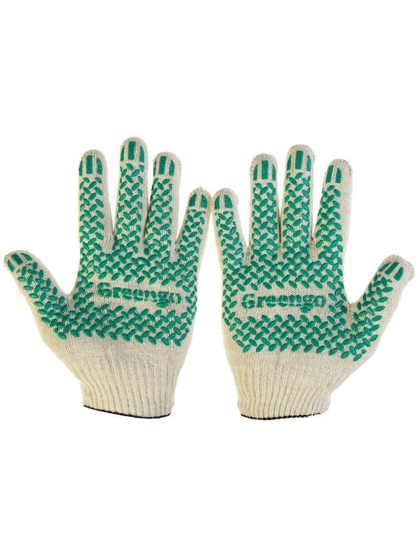 Перчатки, х/б, вязка 10 класс, 4 нити, размер 9, с ПВХ протектором, белые, Greengo