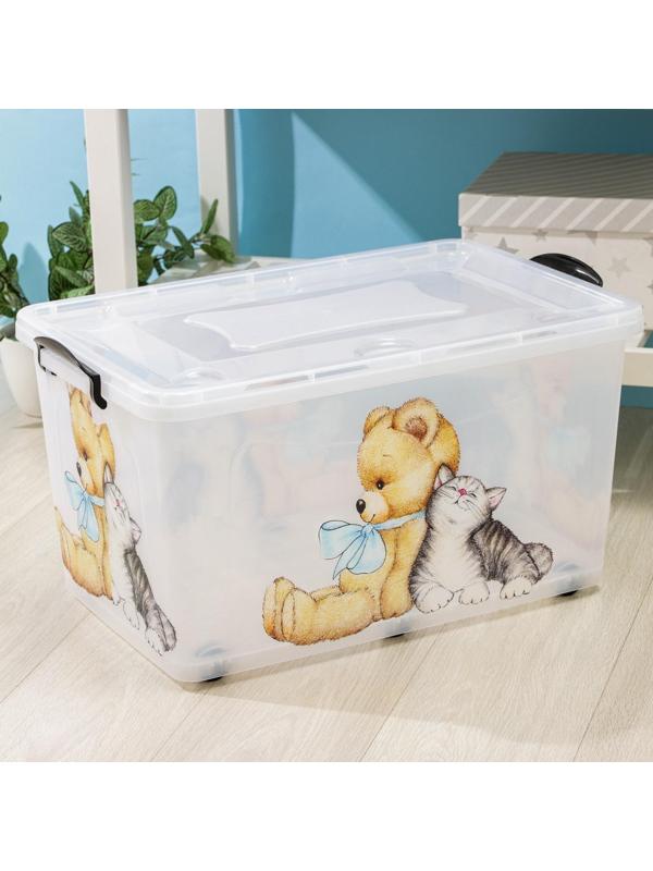 Контейнер для хранения на колёсиках «Мишка и котёнок», 50 л, 60×38×31 см, цвет прозрачный
