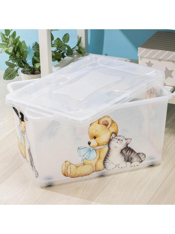 Контейнер для хранения на колёсиках «Мишка и котёнок», 50 л, 60×38×31 см, цвет прозрачный