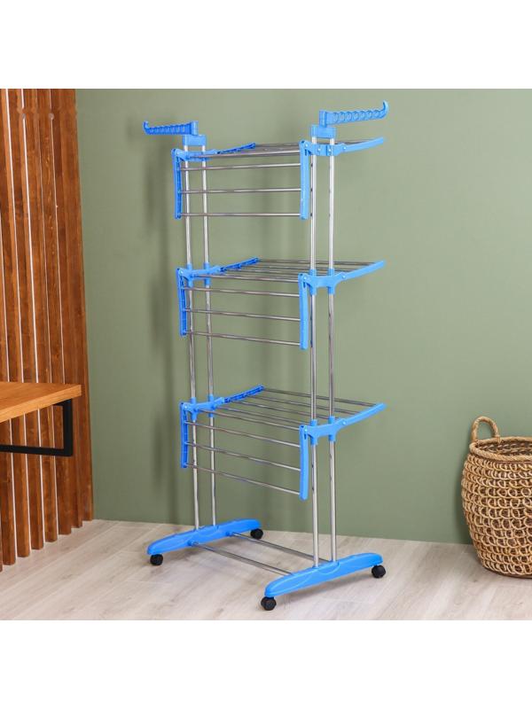 Сушилка для белья напольная 3-х уровневая Доляна, 75(126)×64×170 см, рабочая длина 16 м, на колёсах, нержавеющая сталь