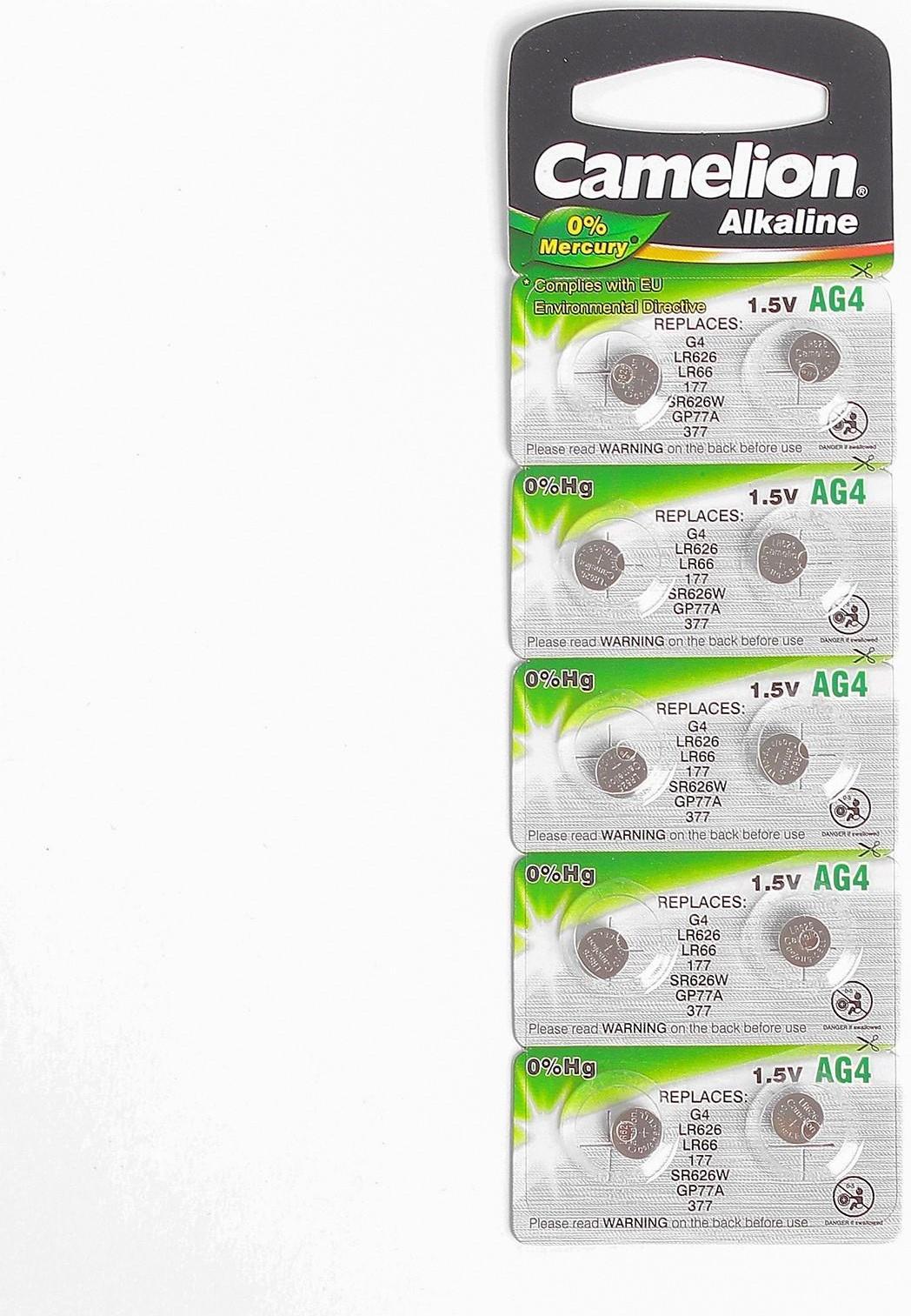Батарейка алкалиновая Camelion Mercury Free, AG4 (377, LR626)-10BL, 1.5В, блистер, 10 шт.