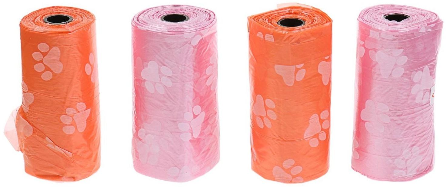 Пакеты для уборки за собаками с узором (4 рулона по 15 пакетов 29х21 см), микс цветов