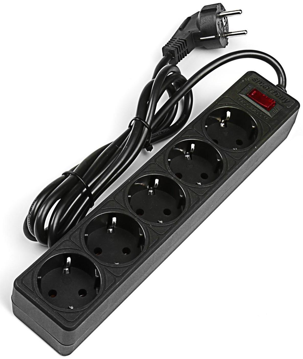 Сетевой фильтр Smartbuy One, 5 розеток, 1.8 м, 10 А, 2200 Вт, с з/к, черный