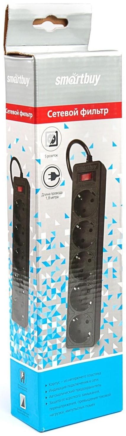 Сетевой фильтр Smartbuy One, 5 розеток, 1.8 м, 10 А, 2200 Вт, с з/к, черный