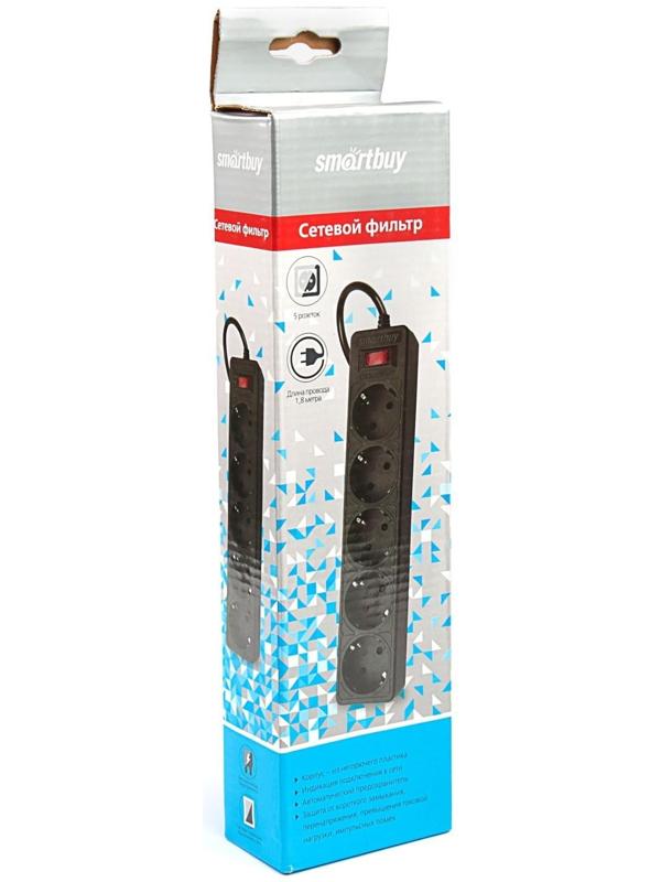 Сетевой фильтр Smartbuy One, 5 розеток, 1.8 м, 10 А, 2200 Вт, с з/к, черный