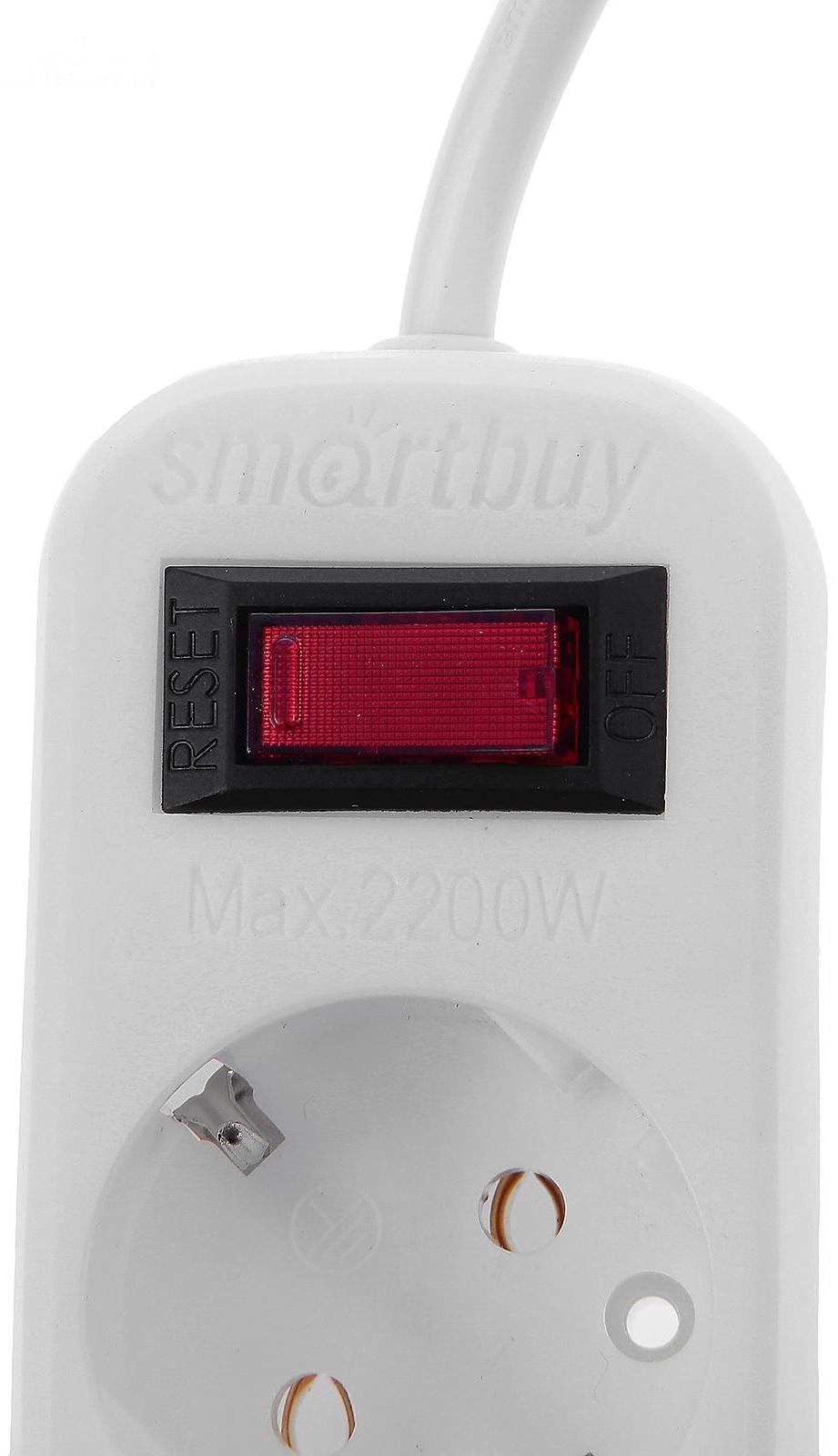 Сетевой фильтр Smartbuy, 5 розеток, 5 м, 10 А, 2200 Вт, с з/к, белый