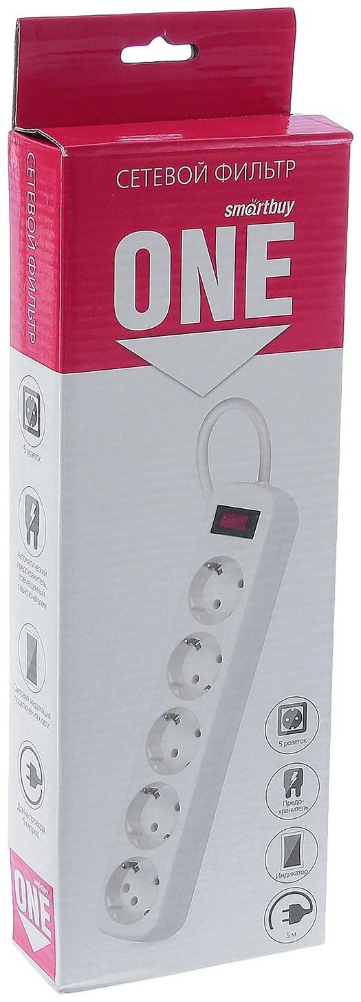 Сетевой фильтр Smartbuy, 5 розеток, 5 м, 10 А, 2200 Вт, с з/к, белый