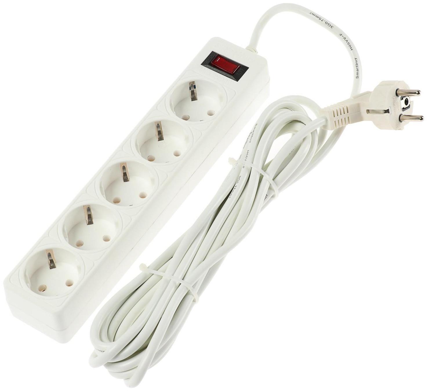 Сетевой фильтр Smartbuy, 5 розеток, 5 м, 10 А, 2200 Вт, с з/к, белый