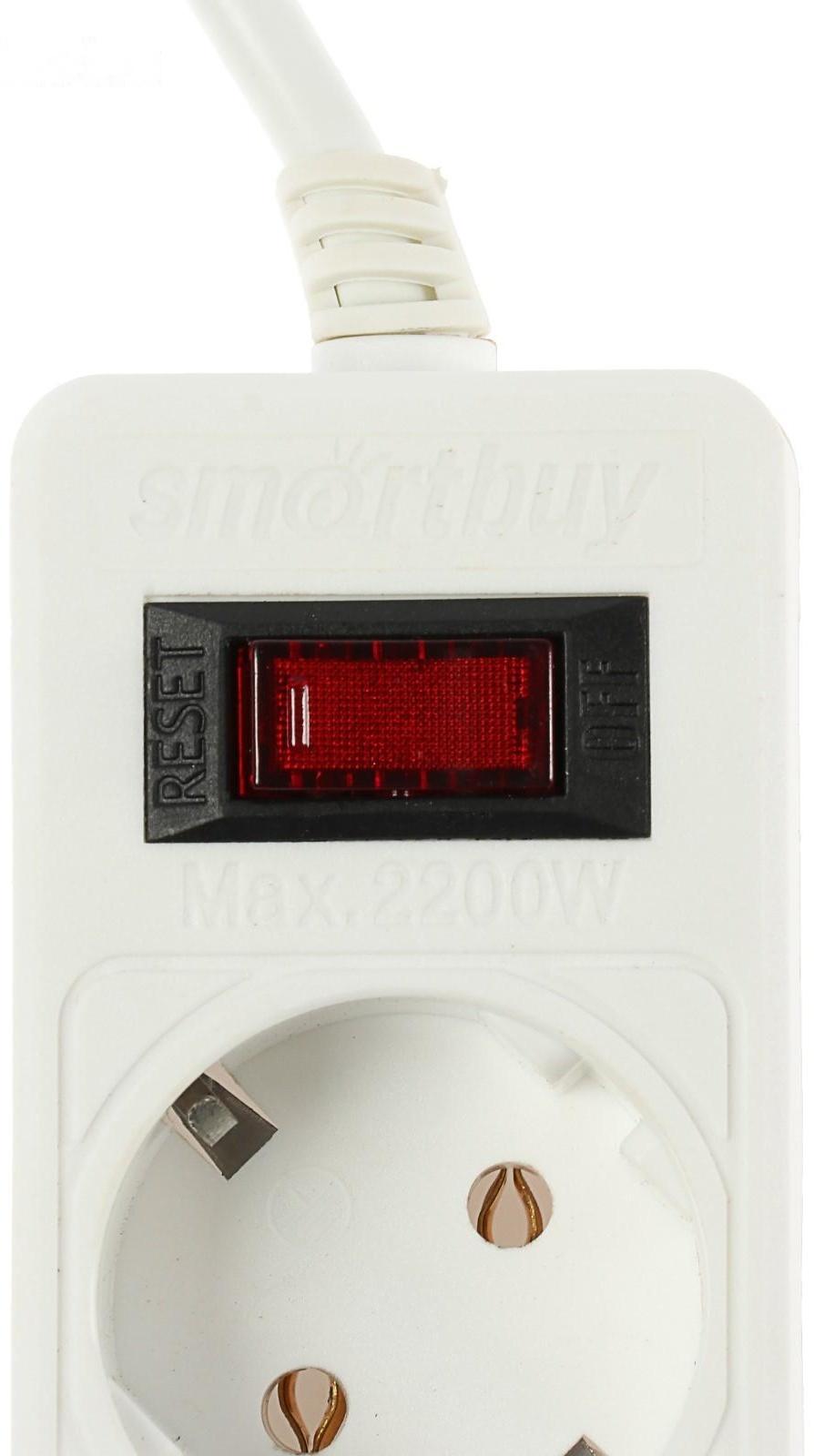 Сетевой фильтр Smartbuy, 5 розеток, 5 м, 10 А, 2200 Вт, с з/к, белый