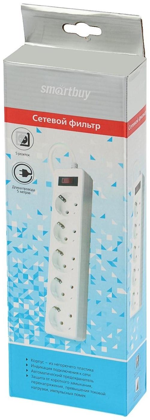 Сетевой фильтр Smartbuy, 5 розеток, 5 м, 10 А, 2200 Вт, с з/к, белый