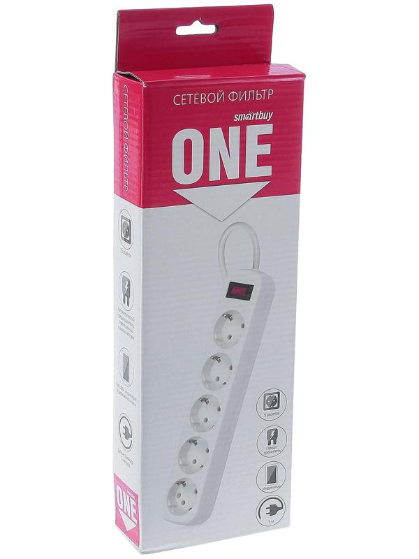Сетевой фильтр Smartbuy, 5 розеток, 5 м, 10 А, 2200 Вт, с з/к, белый