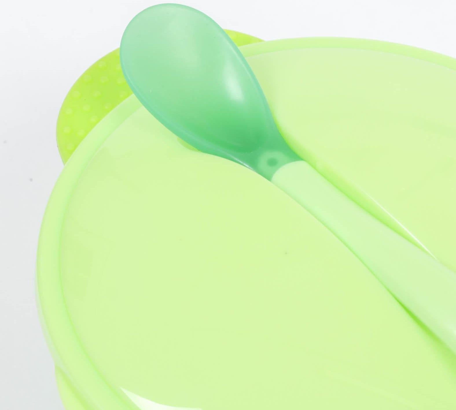 Набор для кормления, 3 предмета: миска 350 мл на присоске, крышка, ложка, цвет зелёный