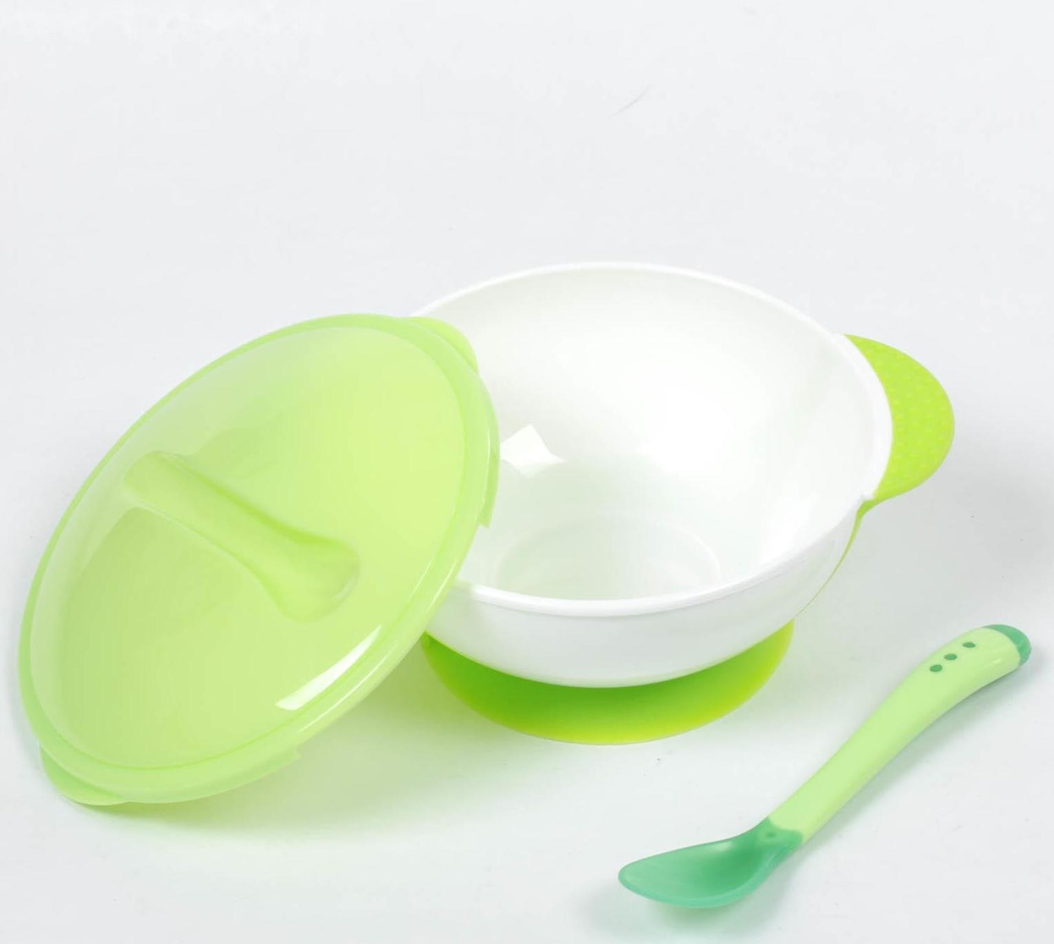 Набор для кормления, 3 предмета: миска 350 мл на присоске, крышка, ложка, цвет зелёный