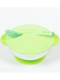 Набор для кормления, 3 предмета: миска 350 мл на присоске, крышка, ложка, цвет зелёный