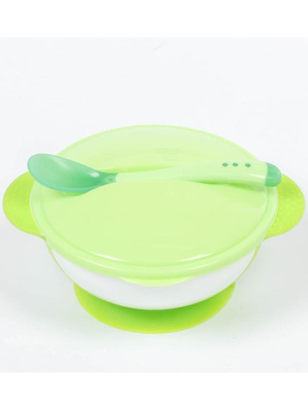 Набор для кормления, 3 предмета: миска 350 мл на присоске, крышка, ложка, цвет зелёный
