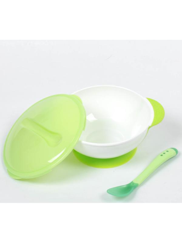 Набор для кормления, 3 предмета: миска 350 мл на присоске, крышка, ложка, цвет зелёный