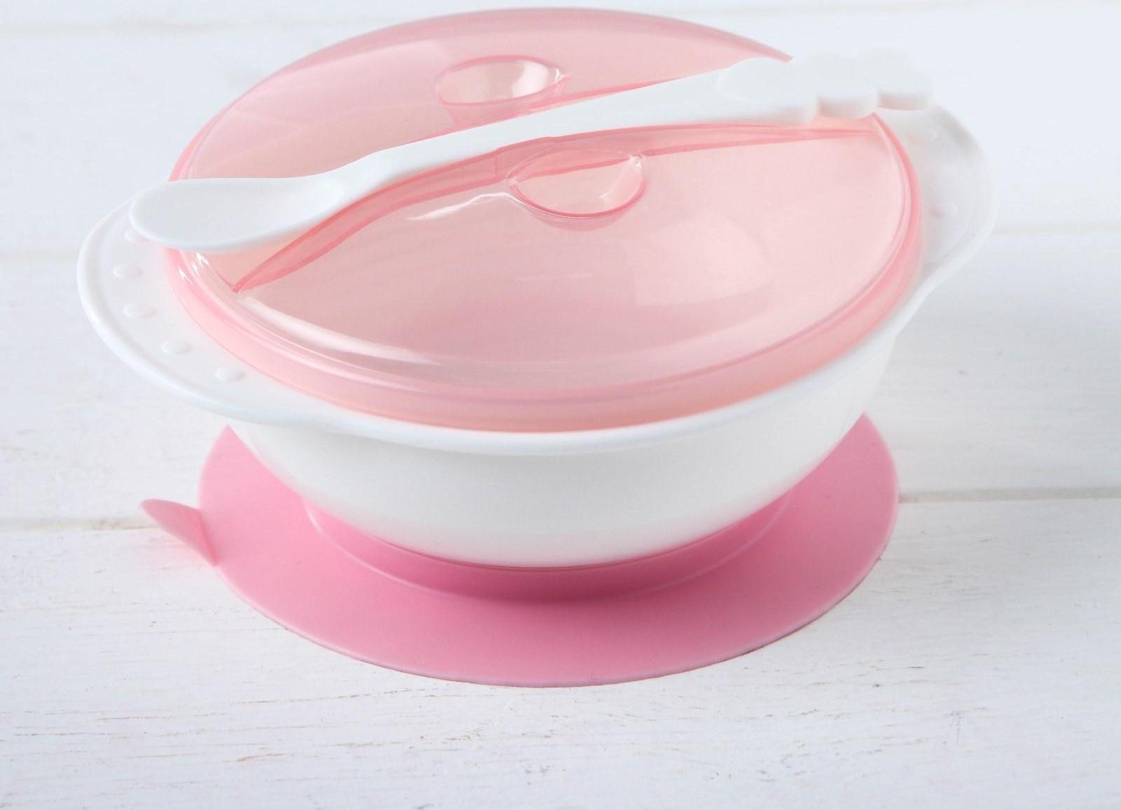 Набор для кормления, 3 предмета: миска на присоске 400 мл, крышка, ложка, цвет присоски розовый, цвет крышки МИКС