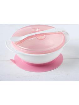 Набор для кормления, 3 предмета: миска на присоске 400 мл, крышка, ложка, цвет присоски розовый, цвет крышки МИКС