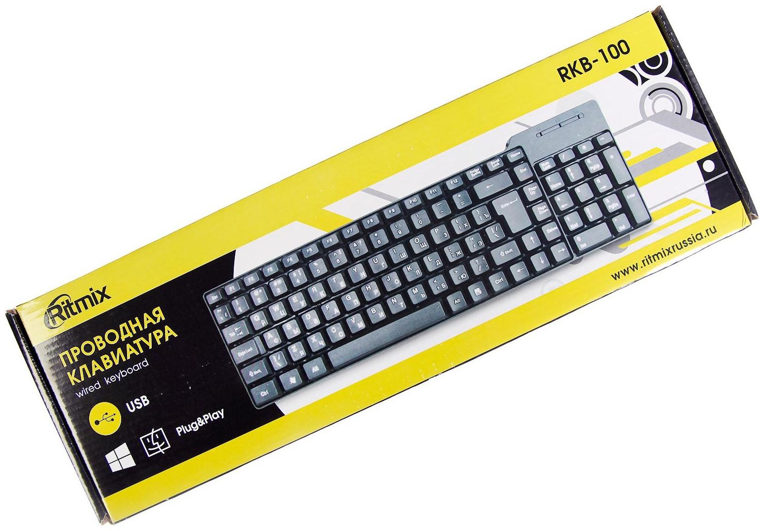 Клавиатура Ritmix RKB-100, проводная, мембранная, 102 клавиши, USB, чёрная