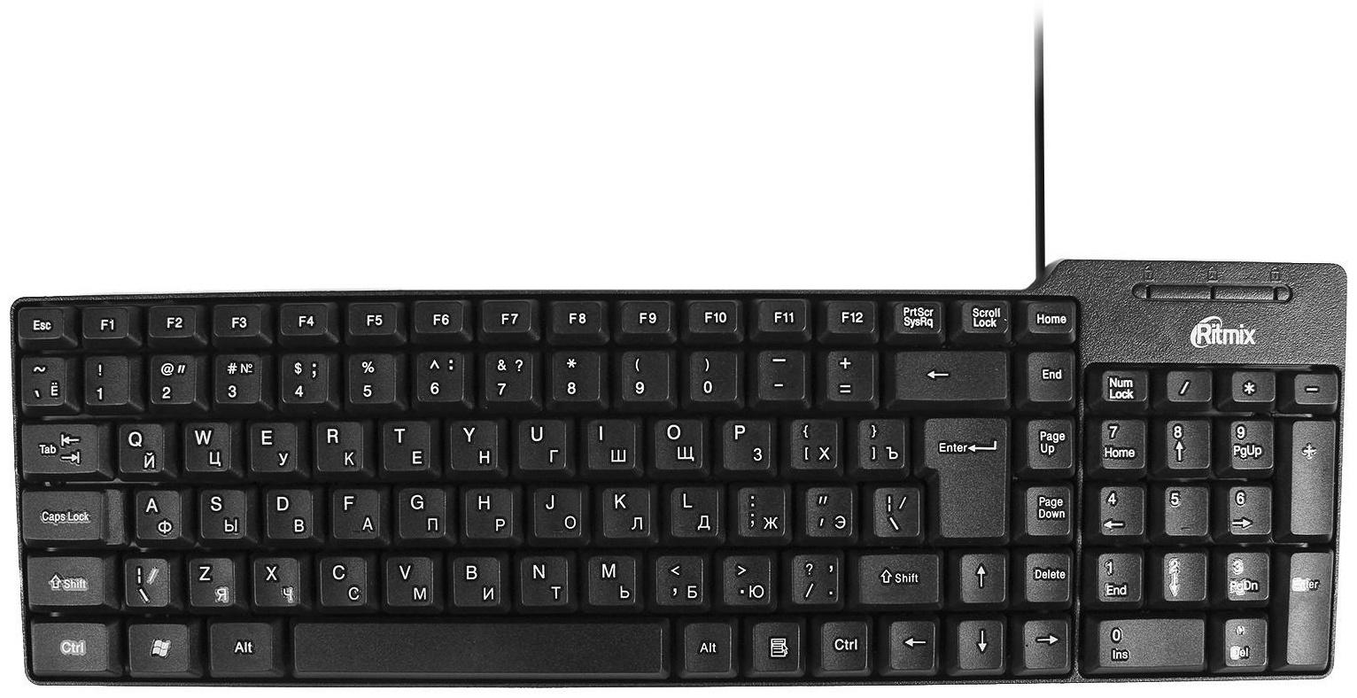 Клавиатура Ritmix RKB-100, проводная, мембранная, 102 клавиши, USB, чёрная