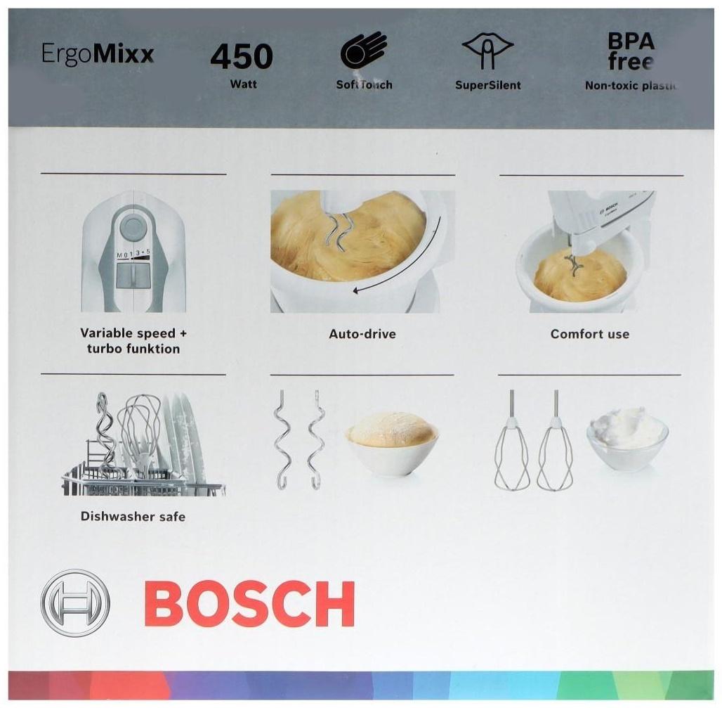 Миксер Bosch MFQ 36460, 450 Вт, 3 л, 5 скоростей, кнопка отсоединения насадок