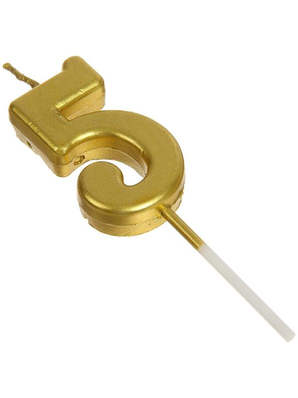 Свеча в торт на шпажке, цифра 5, золотой, 4.5х2.5 см