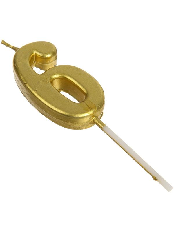 Свеча в торт на шпажке, цифра 6, золотой, 4.5х2.5 см