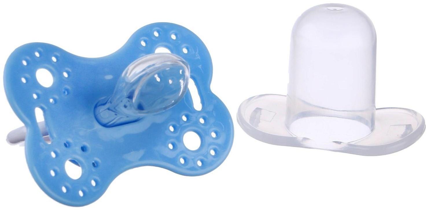 Соска - пустышка ортодонтическая, силикон, «Бабочка»,  с колпачком, +0мес., цвет голубой