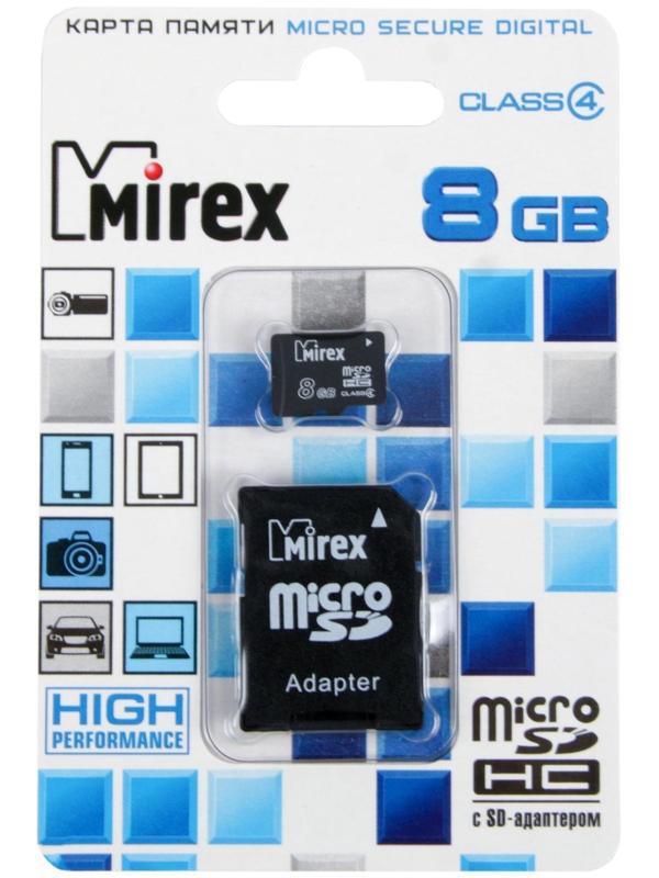 Карта памяти Mirex microSD, 8 Гб, SDHC, класс 4, с адаптером SD