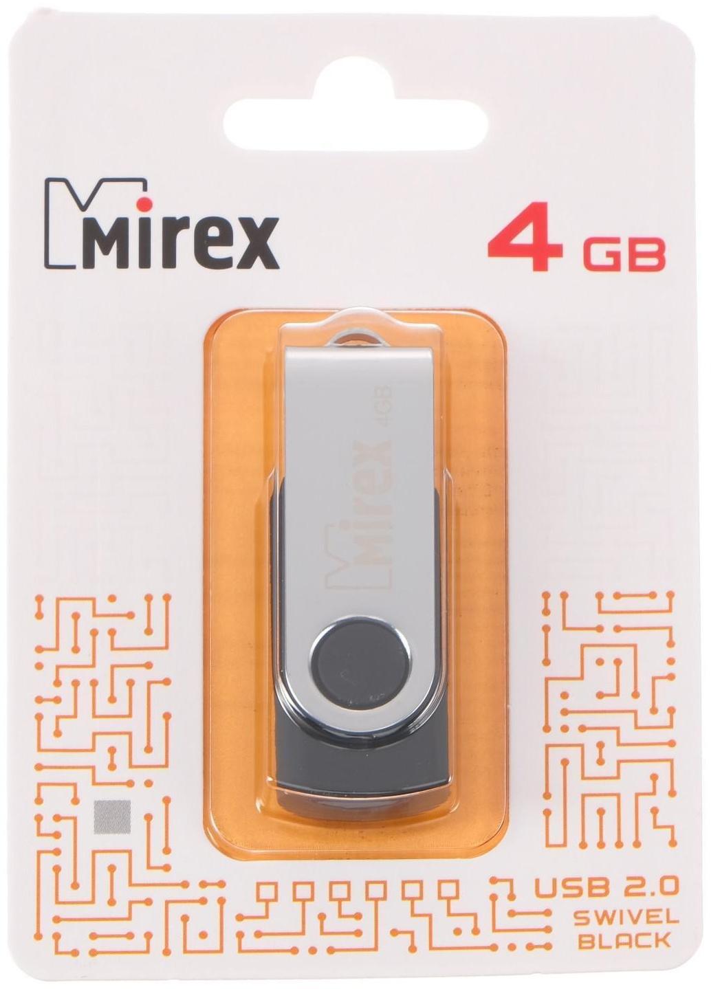 Флешка Mirex SWIVEL BLACK, 4 Гб, USB2.0, чт до 25 Мб/с, зап до 15 Мб/с, черная