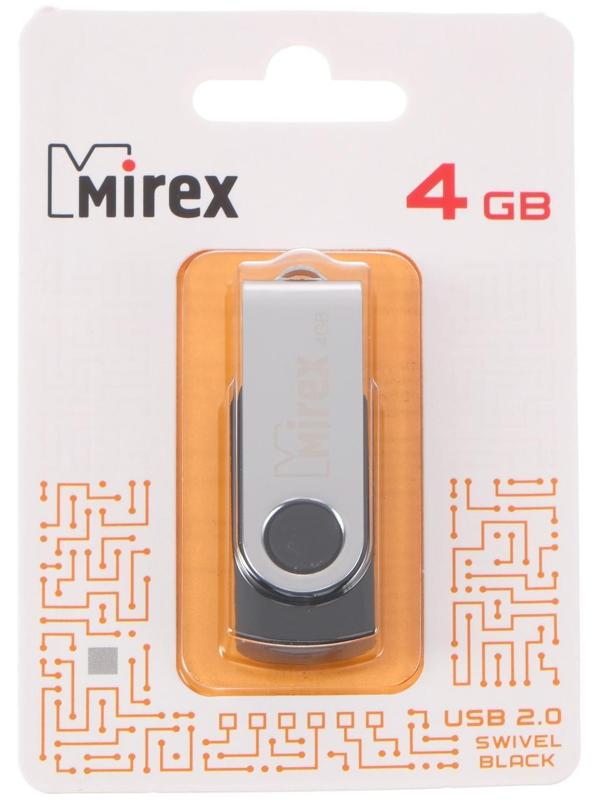 Флешка Mirex SWIVEL BLACK, 4 Гб, USB2.0, чт до 25 Мб/с, зап до 15 Мб/с, черная