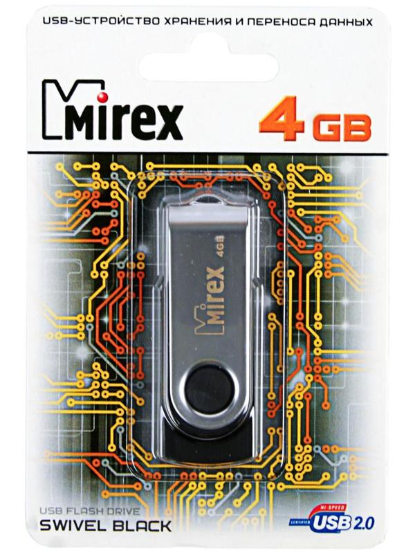 Флешка Mirex SWIVEL BLACK, 4 Гб, USB2.0, чт до 25 Мб/с, зап до 15 Мб/с, черная