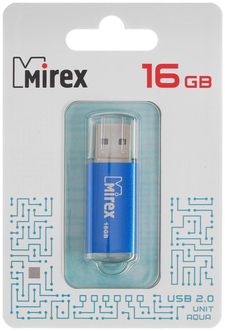 Флешка Mirex UNIT AQUA, 16 Гб, USB2.0, чт до 25 Мб/с, зап до 15 Мб/с, синяя