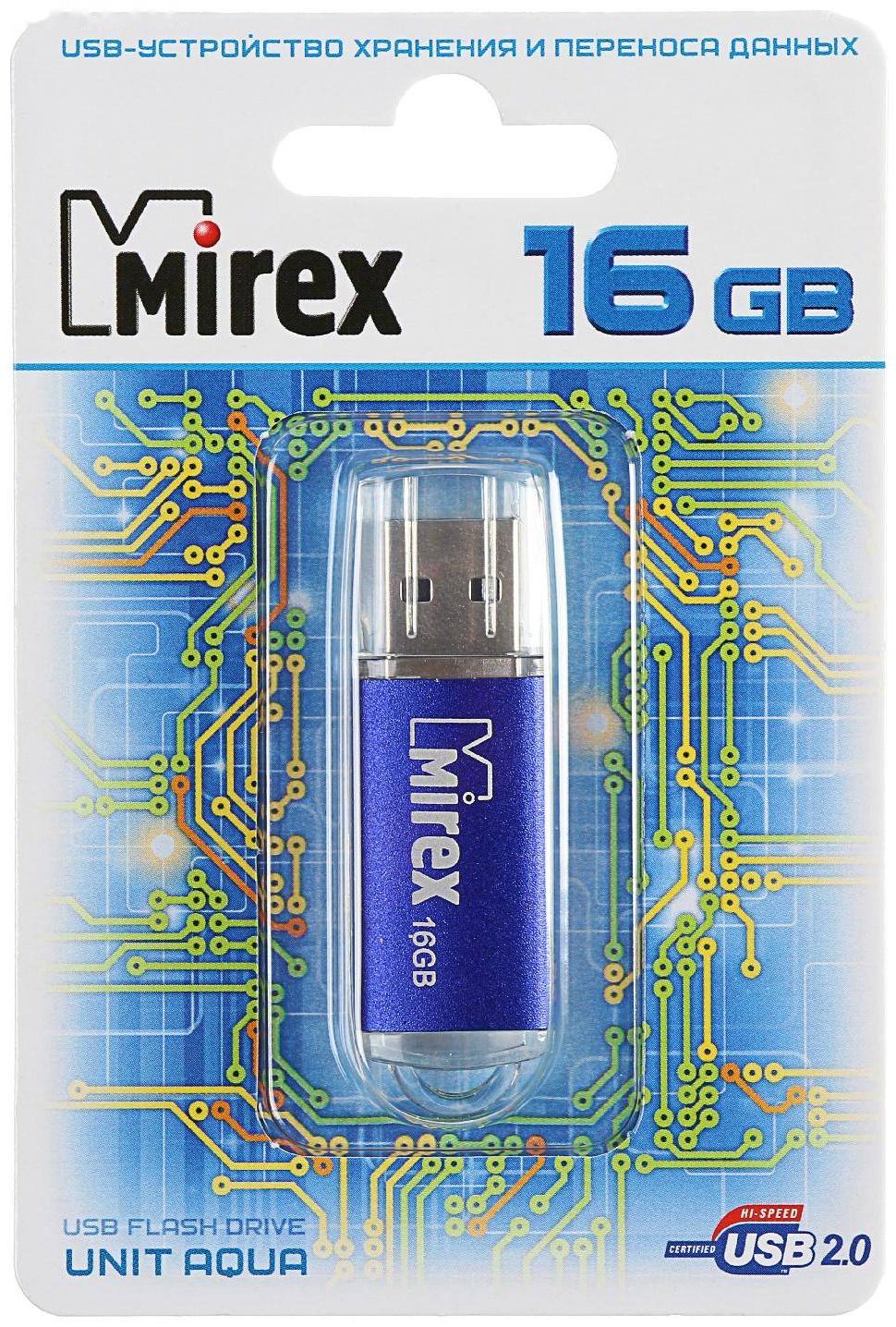 Флешка Mirex UNIT AQUA, 16 Гб, USB2.0, чт до 25 Мб/с, зап до 15 Мб/с, синяя