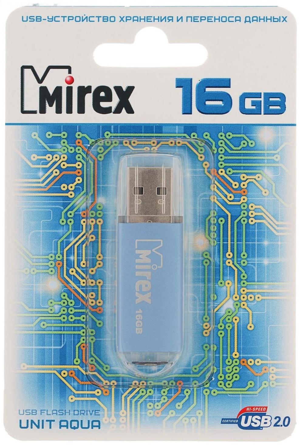 Флешка Mirex UNIT AQUA, 16 Гб, USB2.0, чт до 25 Мб/с, зап до 15 Мб/с, синяя
