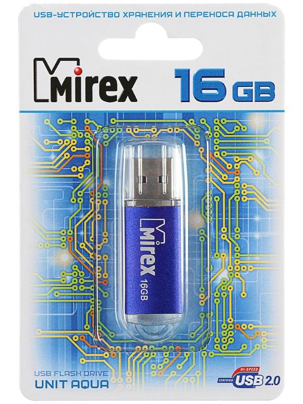 Флешка Mirex UNIT AQUA, 16 Гб, USB2.0, чт до 25 Мб/с, зап до 15 Мб/с, синяя