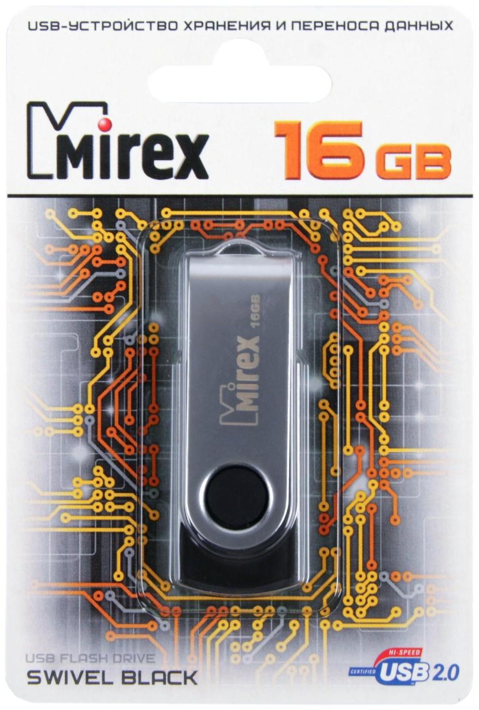Флешка Mirex SWIVEL BLACK, 16 Гб, USB2.0, чт до 25 Мб/с, зап до 15 Мб/с, черная
