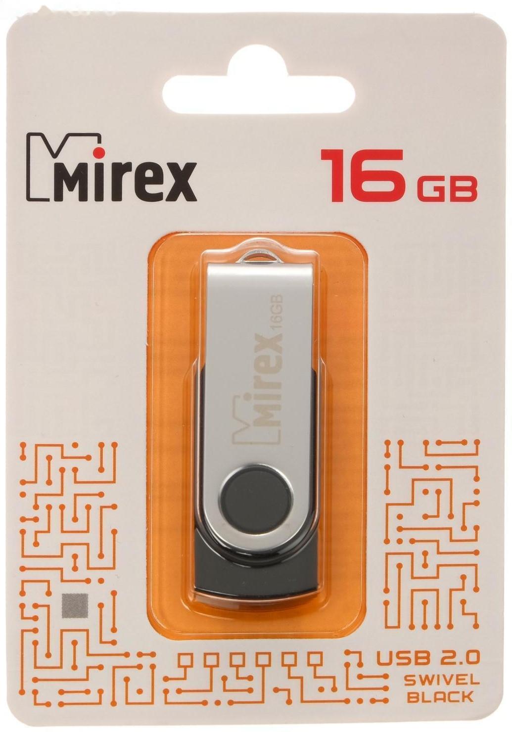 Флешка Mirex SWIVEL BLACK, 16 Гб, USB2.0, чт до 25 Мб/с, зап до 15 Мб/с, черная