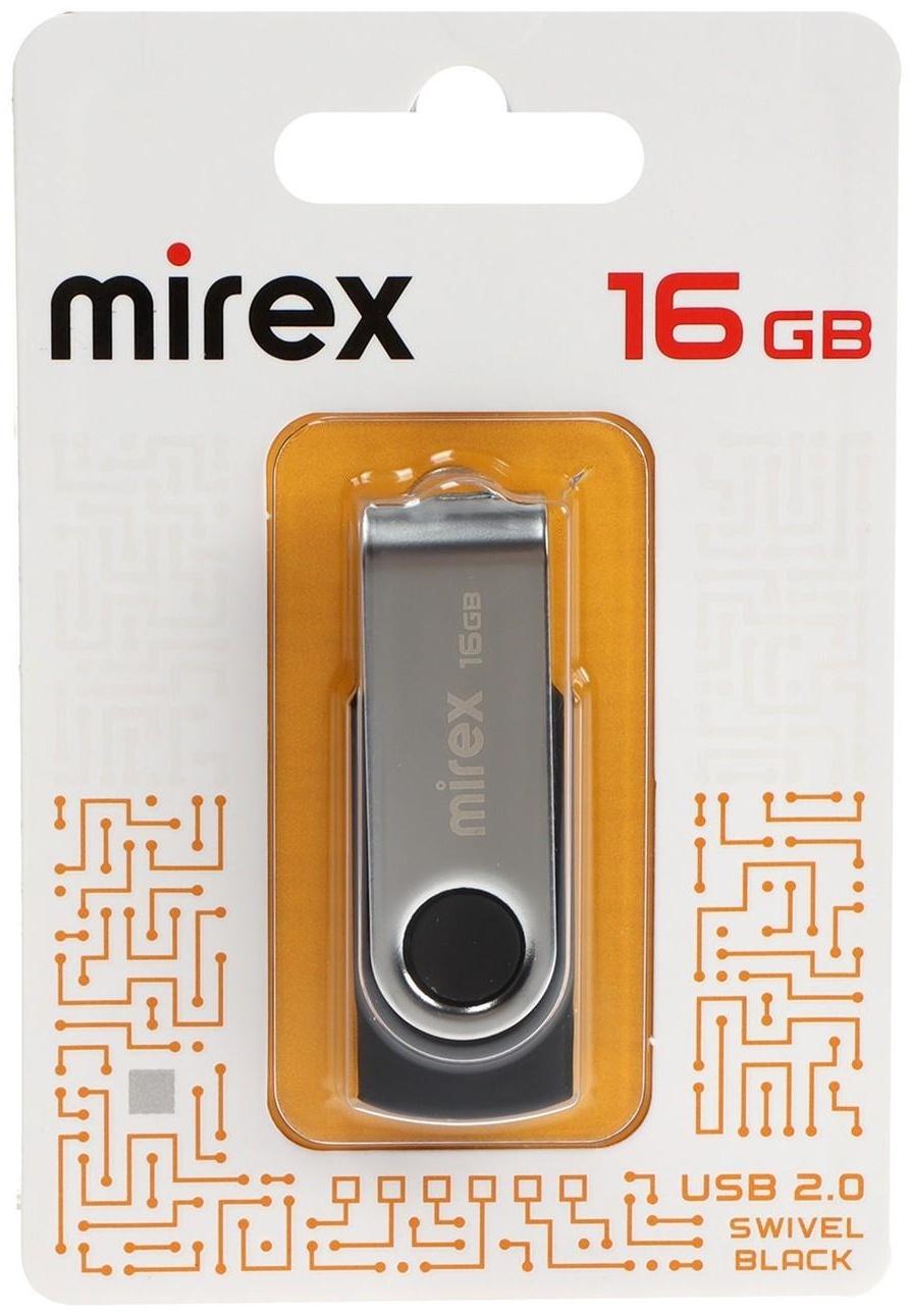 Флешка Mirex SWIVEL BLACK, 16 Гб, USB2.0, чт до 25 Мб/с, зап до 15 Мб/с, черная