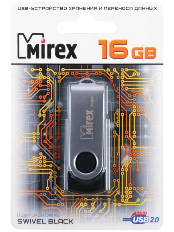 Флешка Mirex SWIVEL BLACK, 16 Гб, USB2.0, чт до 25 Мб/с, зап до 15 Мб/с, черная