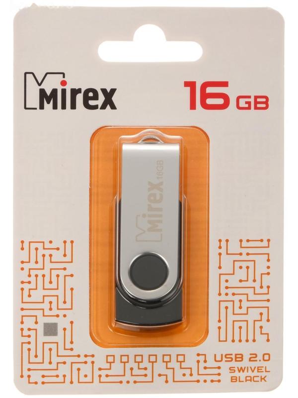Флешка Mirex SWIVEL BLACK, 16 Гб, USB2.0, чт до 25 Мб/с, зап до 15 Мб/с, черная