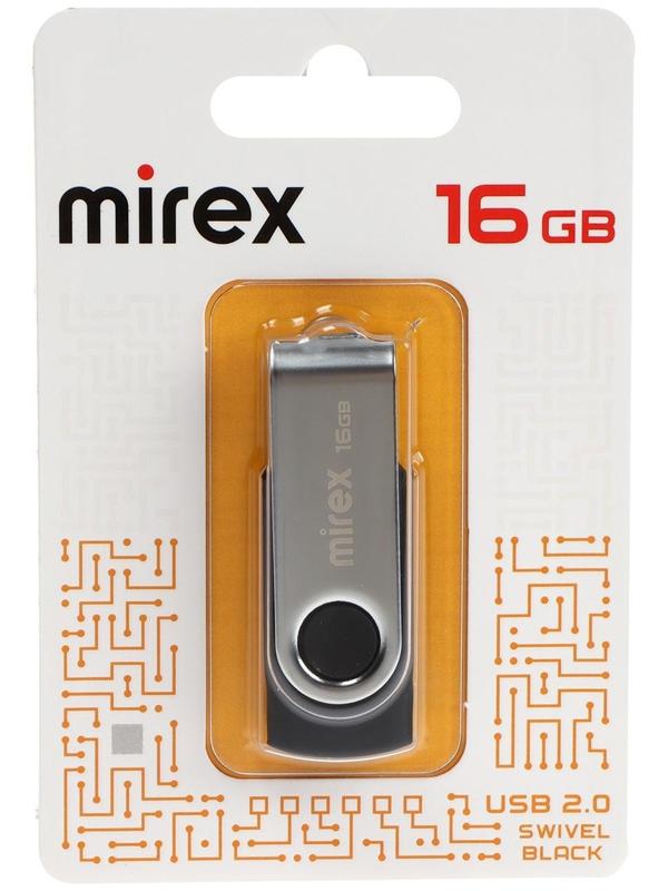 Флешка Mirex SWIVEL BLACK, 16 Гб, USB2.0, чт до 25 Мб/с, зап до 15 Мб/с, черная