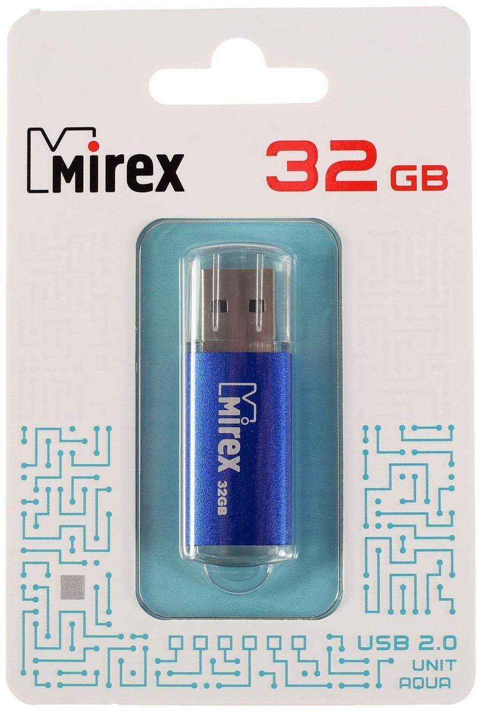 Флешка Mirex UNIT AQUA, 32 Гб, USB2.0, чт до 25 Мб/с, зап до 15 Мб/с, синяя