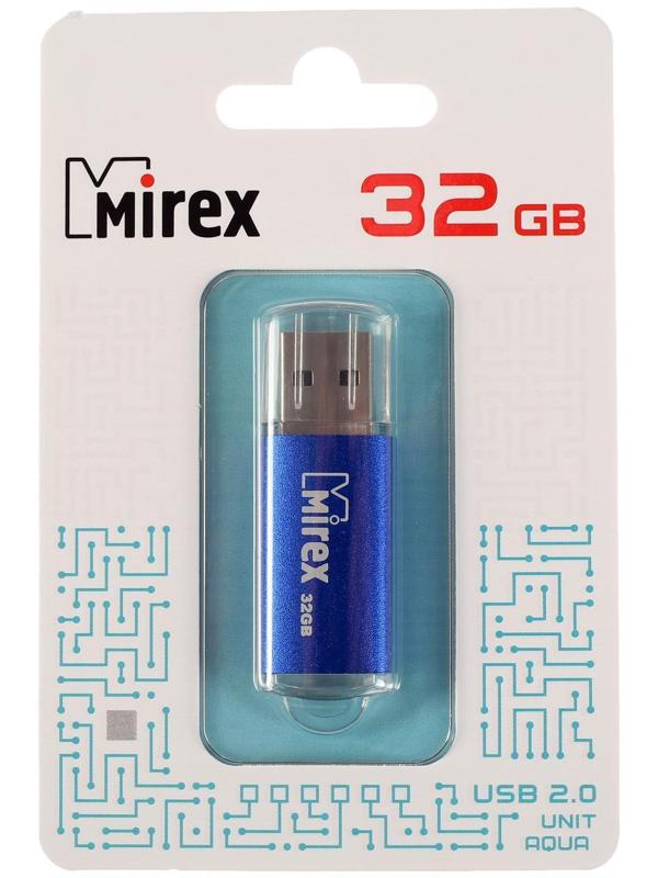 Флешка Mirex UNIT AQUA, 32 Гб, USB2.0, чт до 25 Мб/с, зап до 15 Мб/с, синяя