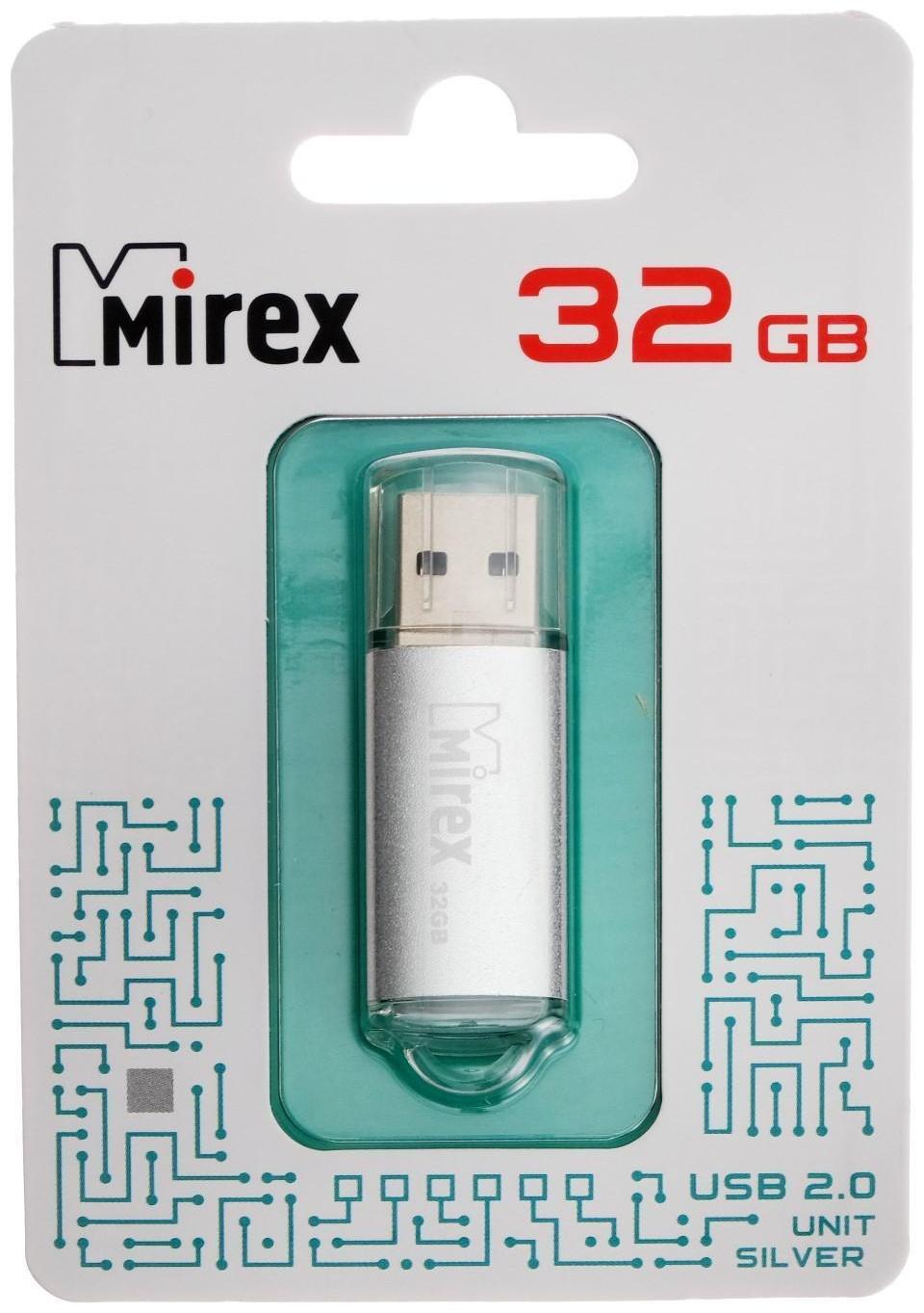 Флешка Mirex UNIT SILVER, 32 Гб, USB2.0, чт до 25 Мб/с, зап до 15 Мб/с, серебристая