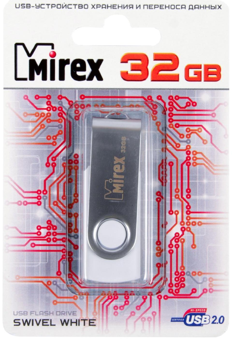 Флешка Mirex SWIVEL WHITE, 32 Гб, USB2.0, чт до 25 Мб/с, зап до 15 Мб/с, белая
