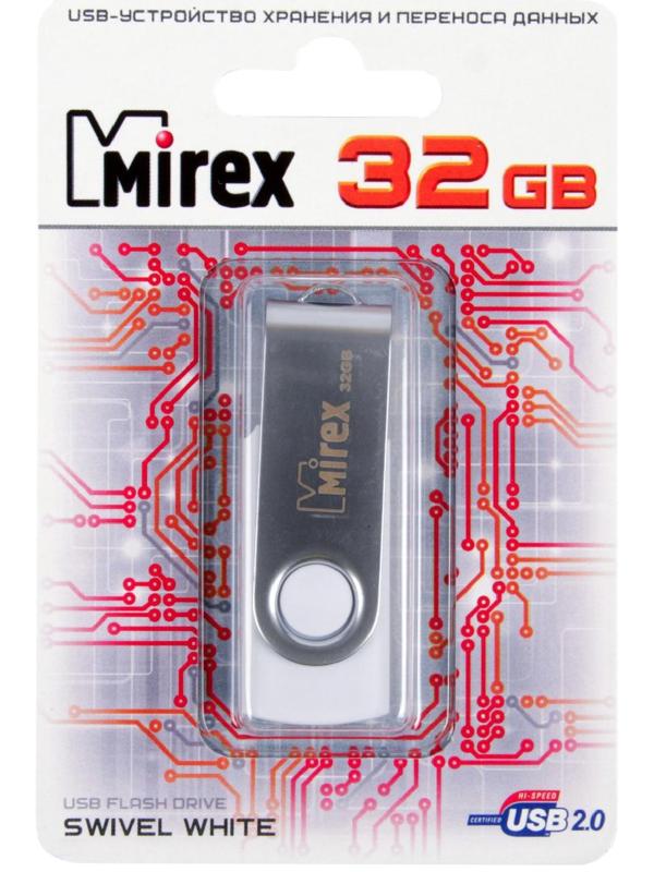 Флешка Mirex SWIVEL WHITE, 32 Гб, USB2.0, чт до 25 Мб/с, зап до 15 Мб/с, белая